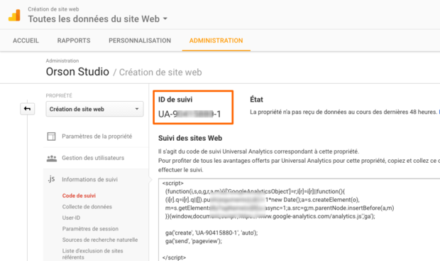 Récupérer Code de suivi Google Analytics