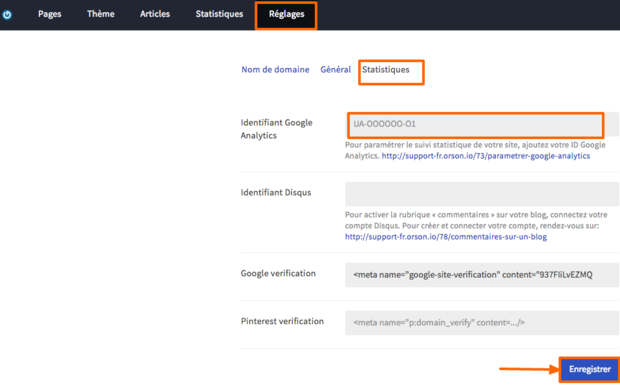 Réglages de Google Analytics