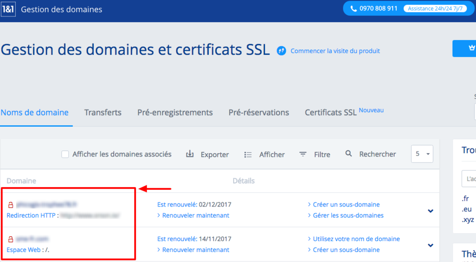 Ecran de redirection de nom de domaine 1&1