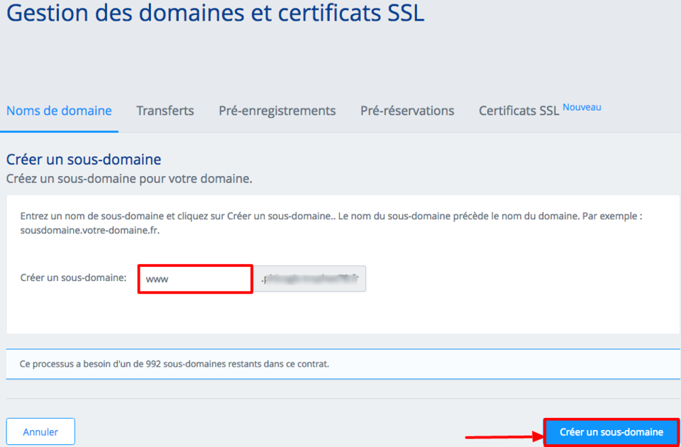 crééz un sous domaine pour mon site web